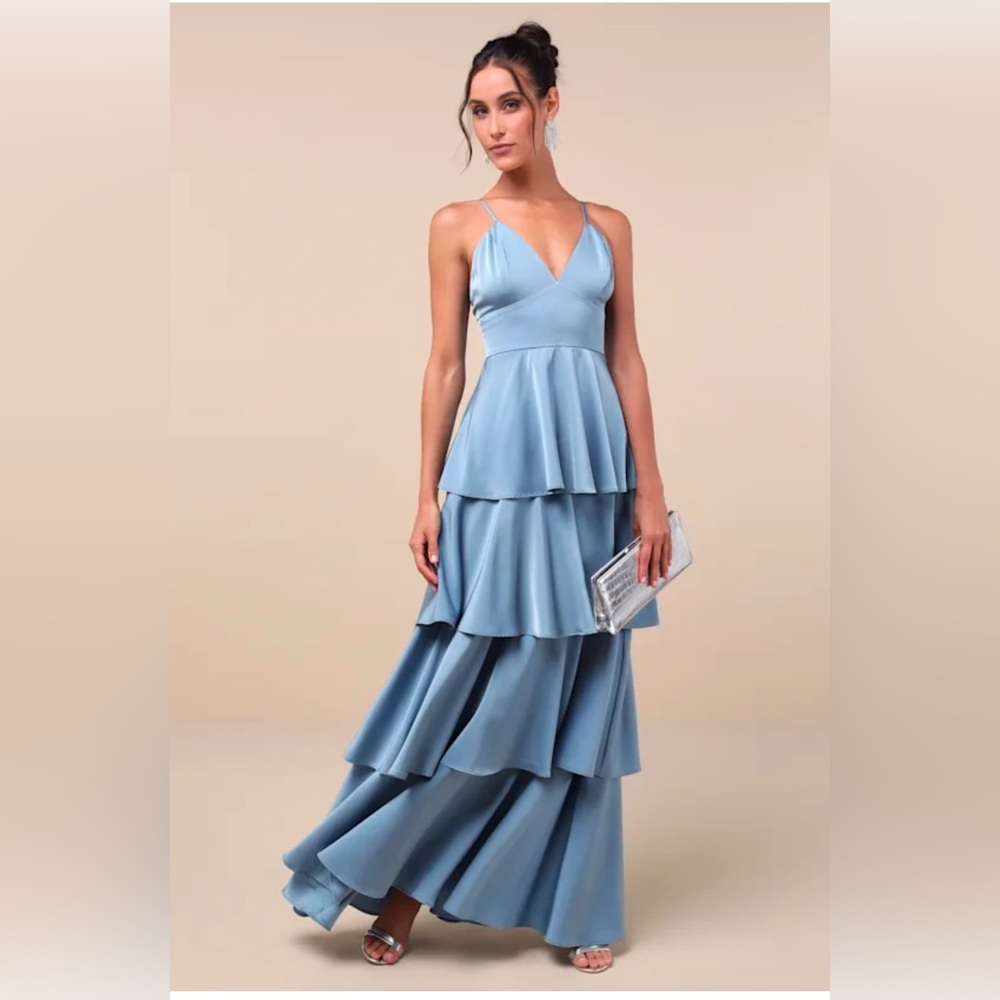 Lulus Gorgeous Slate Blue Satin Tiered Gown